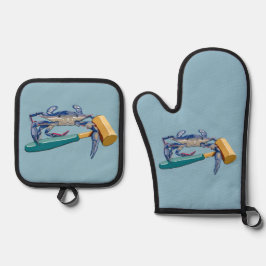 Set De Manoplas Cangrejo azul dibujado a mano con hervidor de cang