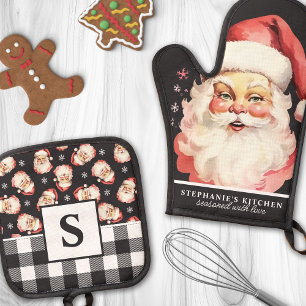 Set De Manoplas Cara de Santa Vintage con Cuadro Negro Monogramado
