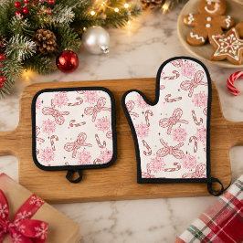Set De Manoplas Caramelo Rosa y Copo de Nieve Navidad