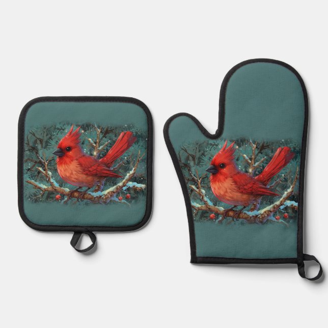 Set De Manoplas Cardenal rojo curado con bayas rojas de invierno (Anverso)