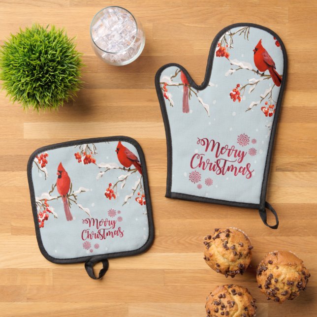 Set De Manoplas Cardenales rojos Aves Árboles Nieve Navidades (De arriba hacia abajo)