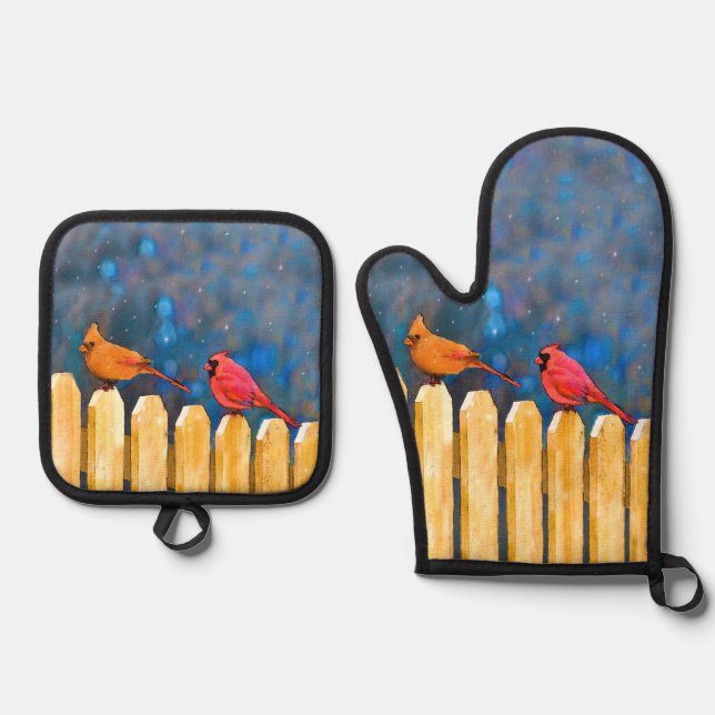 Set De Manoplas Cardenales sobre cerca en pintura de invierno arte (Anverso)