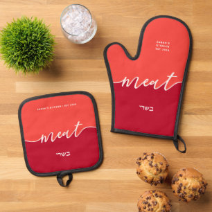 Set De Manoplas Carne con guión de cocina kosher y rojo hebreo