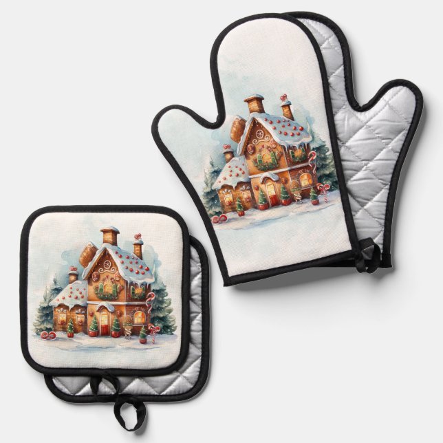Set De Manoplas Casa de Pan de Jengibre Navidad (Anverso/Reverso)