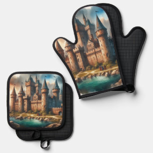 Set De Manoplas Castillo medieval a orillas de un río tranquilo al