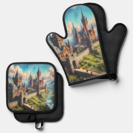 Set De Manoplas Castillo medieval en un paisaje montañoso