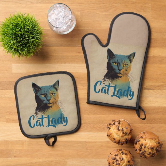 Set De Manoplas Cat Lady Oven Mitt & Pot Holder (De arriba hacia abajo)