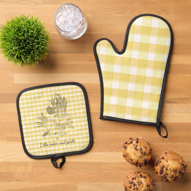 Set De Manoplas Cebolla y ajo cocina naranja (De arriba hacia abajo)