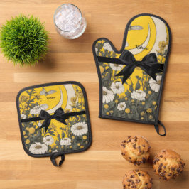 Set De Manoplas Celestial Gold Moon Floral Butterfly Black Bow