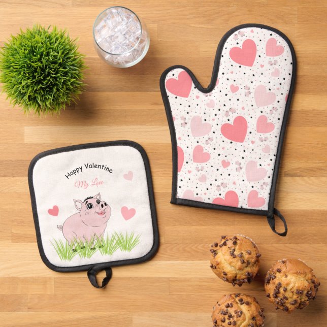 Set De Manoplas Cerdito rosa lindo para San Valentín (De arriba hacia abajo)