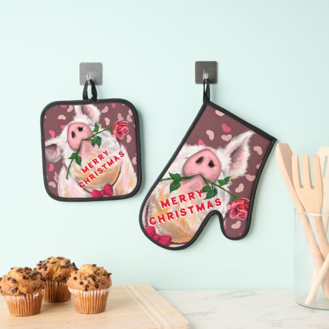 Set De Manoplas Cerdo romántico con Rosas Navidades graciosos (Insitu (colgante))