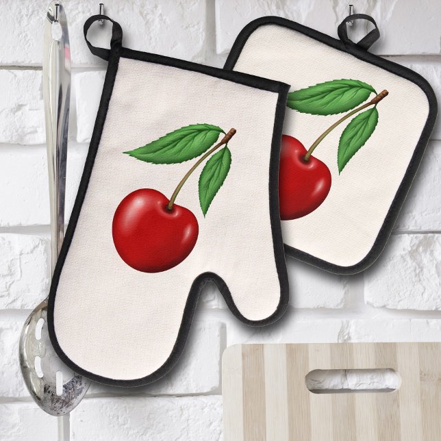 Set De Manoplas Cereza Roja   (Cherry retro graphic design kitchen potholder and oven mit)