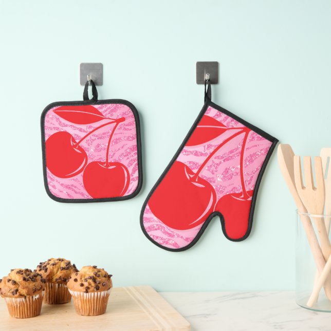 Set De Manoplas Cerezas de cebra con brillo rojo rosa (Insitu (colgante))
