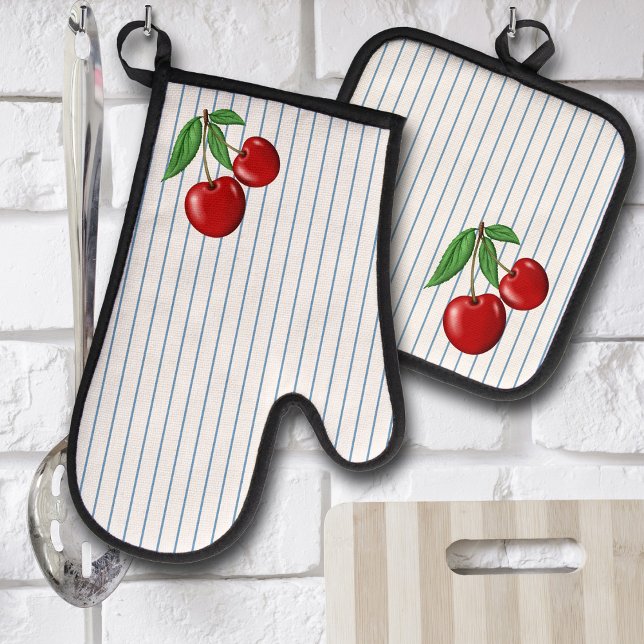Set De Manoplas Cerezas rojas en franjas azules (Retro Cherry style cute kitchen potholder and oven mitt
)