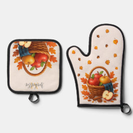 Set De Manoplas Cesta de cosecha de otoño con manzanas y hojas