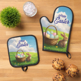 Set De Manoplas Cesta de Pascua de Conejo en Pradera Primaveral Pa