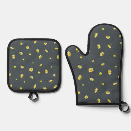 Set De Manoplas Charcoal Gray Winter Cosmos Floral Pattern