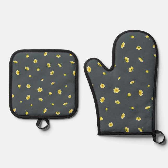 Set De Manoplas Charcoal Gray Winter Cosmos Floral Pattern (Anverso)