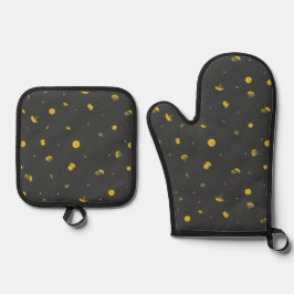 Set De Manoplas Charcoal Japanese Dandelion Floral Pattern