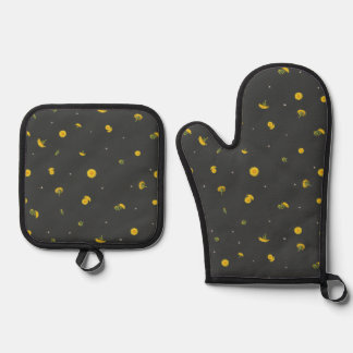 Set De Manoplas Charcoal Japanese Dandelion Floral Pattern