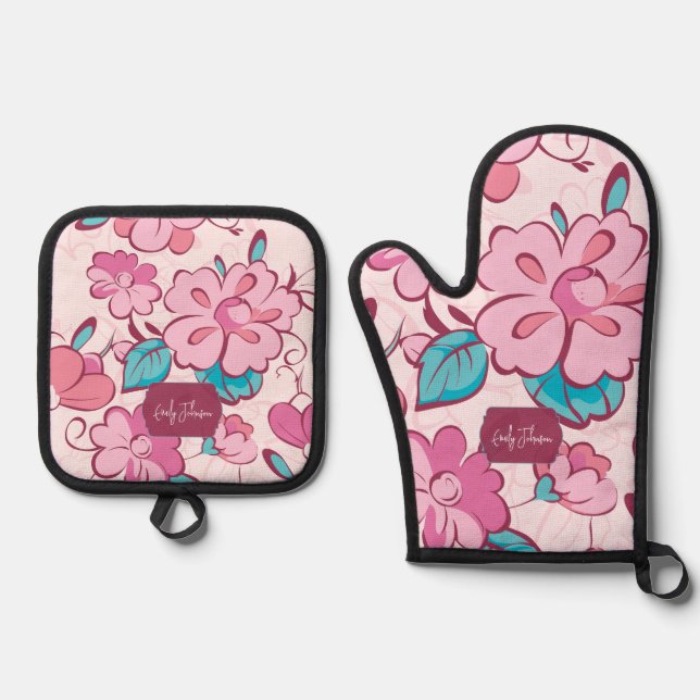Set De Manoplas Charming Pink Flower Kitchen Custom Name (Anverso)