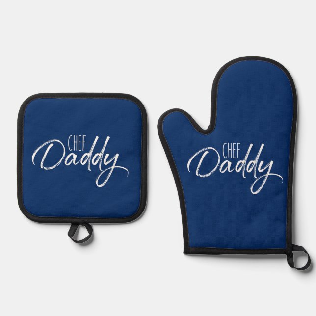 Set De Manoplas Chef Daddy White Typography Azul moderno (Anverso)