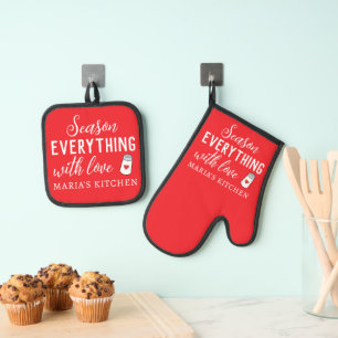 Set De Manoplas Chefs Personalizados Nombre Salt Pot Color Rojo Bl