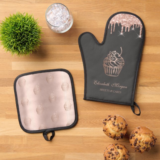 Set De Manoplas Chic Sweets Cupcake Rose Gold Drips Panadería (De arriba hacia abajo)