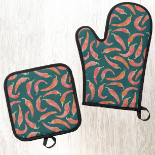 Set De Manoplas Chili Pepper Red Verde azulada Watercolor Art