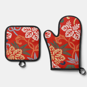 Set De Manoplas Chinoiserie Floral Japonés Rojo Kimono Hawaiano