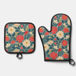 Set De Manoplas Chinoiserie floral roja, verde y crema