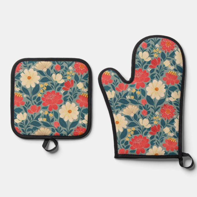 Set De Manoplas Chinoiserie floral roja, verde y crema (Anverso)