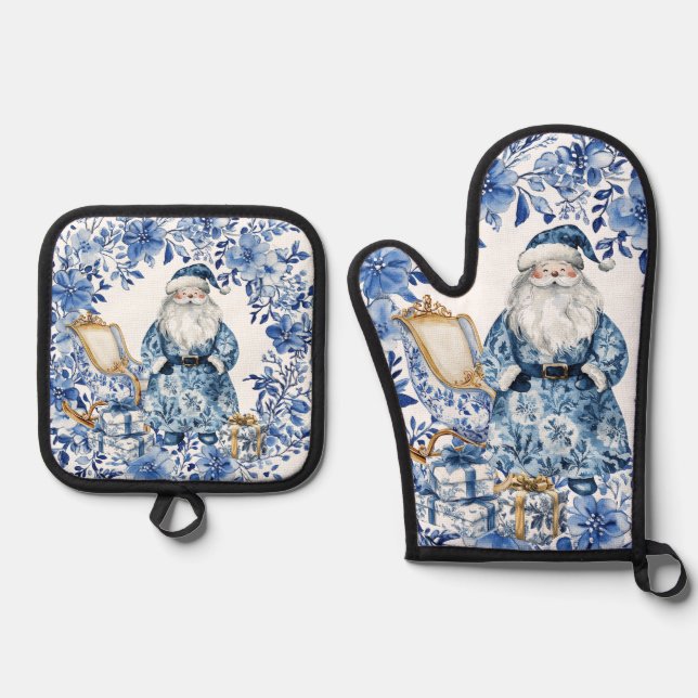Set De Manoplas Chinoiserie Navidades Blue White Floral Santa (Anverso)