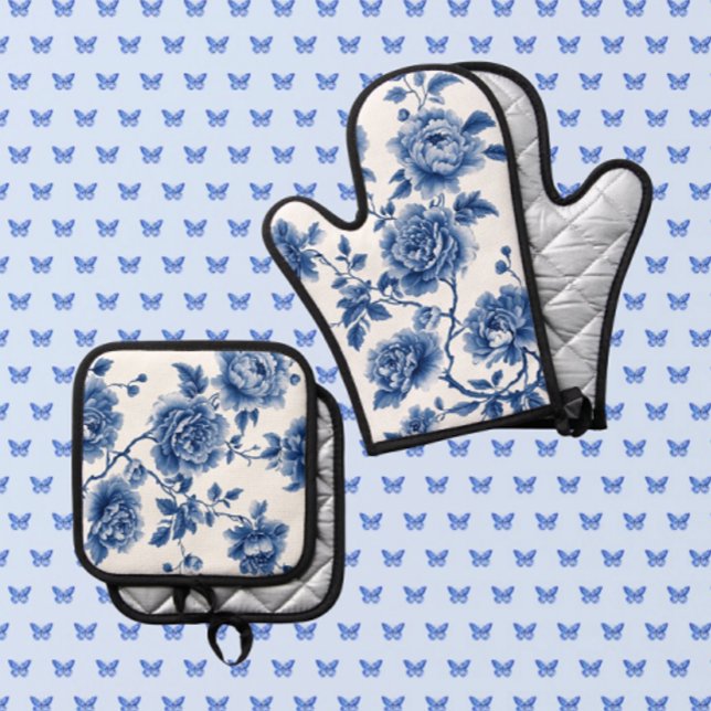 Set De Manoplas Chinoiserie Rosas Azules Blancas (Glamorous chinoiserie oven mitt and pot holder! Great shower gift!)