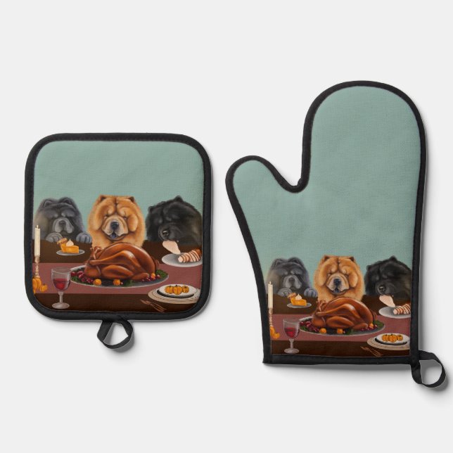 Set De Manoplas Chow Chow Festín Oven Mitt y Pot Holder (Anverso)