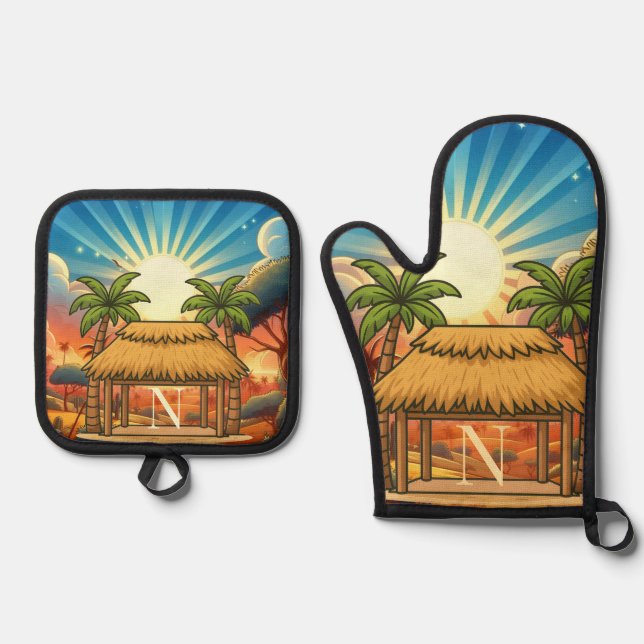 Set De Manoplas Choza Tiki Amanecer Monograma Personalizado  (Anverso)