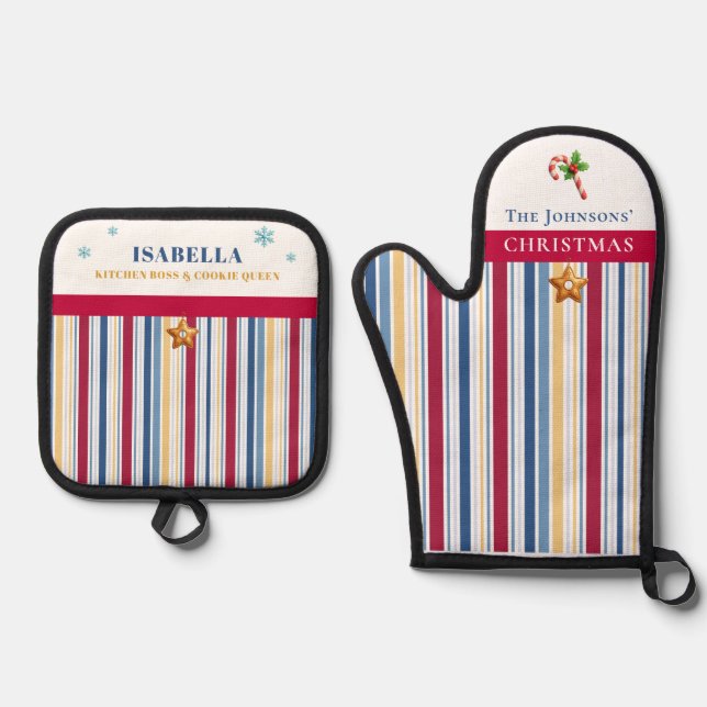 Set De Manoplas Christmas Baking – Blue, Red & Gold Stripes (Anverso)
