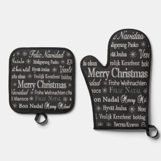 Set De Manoplas Christmas Greetings Multiple Languages Chalkboard