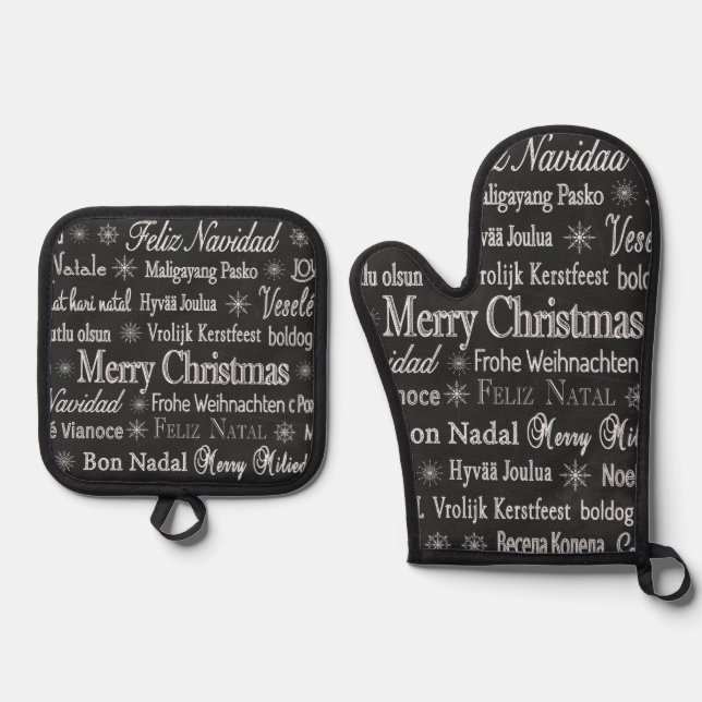 Set De Manoplas Christmas Greetings Multiple Languages Chalkboard (Anverso)