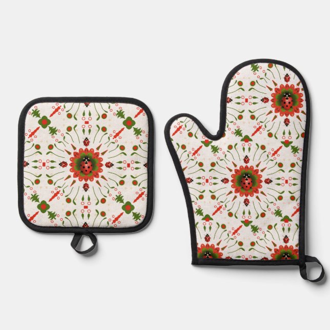 Set De Manoplas Christmas Ladybug Red White Green Kitchen (Anverso)