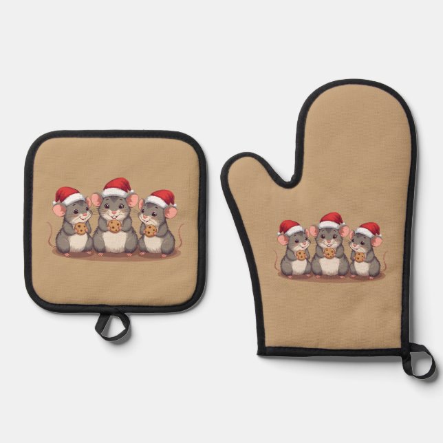 Set De Manoplas Christmas Mice Eating Santa's Cookies, Oven Mitt (Anverso)
