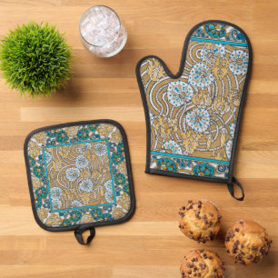 Set De Manoplas ciclamen azul arte nuevo flor botánica