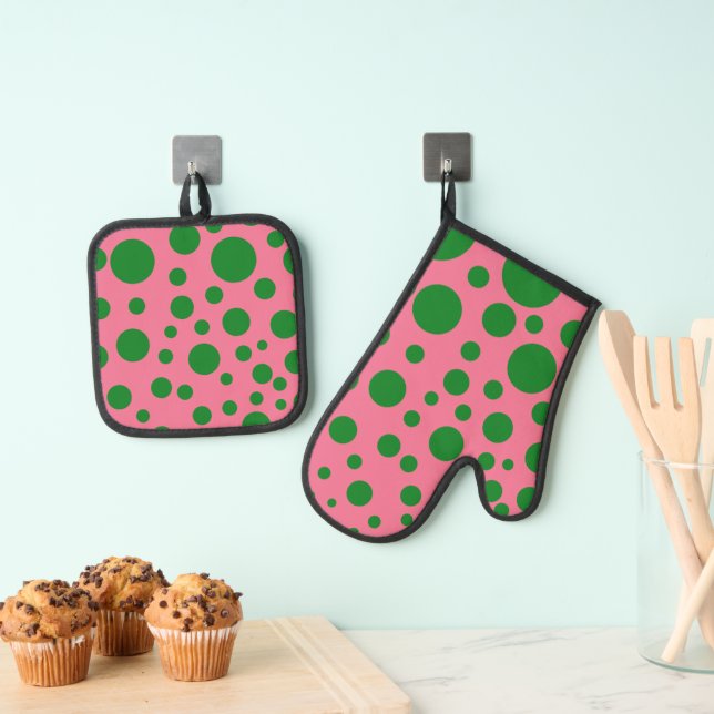 Set De Manoplas Círculos verdes geométricos modernos sobre rosa (Insitu (colgante))