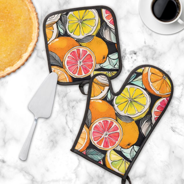 Set De Manoplas Citrus colorido (This cute oven mitt & pot holder set will add a touch of whimsy and splash of color to your kitchen.)
