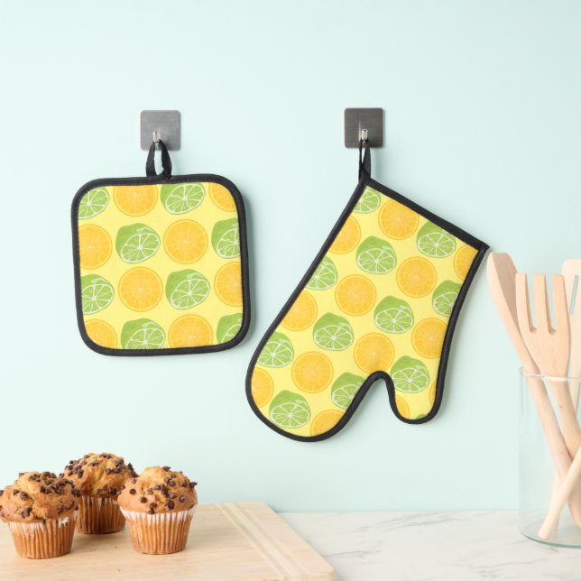 Set De Manoplas Citrus Fruit Limes y Lemons Patrón Amarillo (Insitu (colgante))