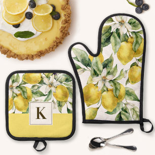 Set De Manoplas Citrus limón acuarela con monograma inicial