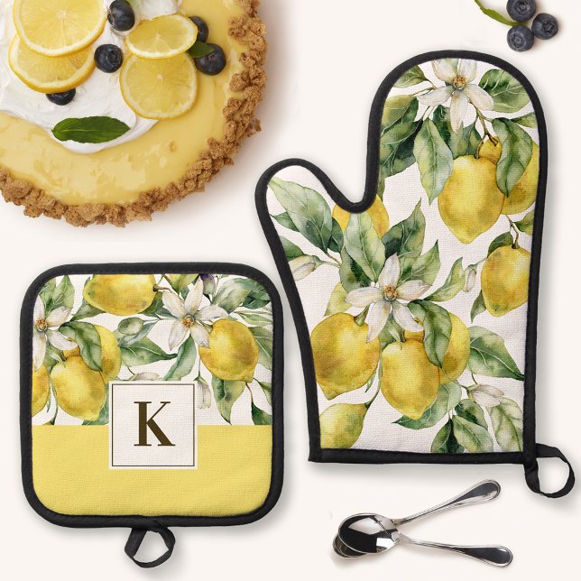 Set De Manoplas Citrus limón acuarela con monograma inicial (Personalize with your monogram initial.)