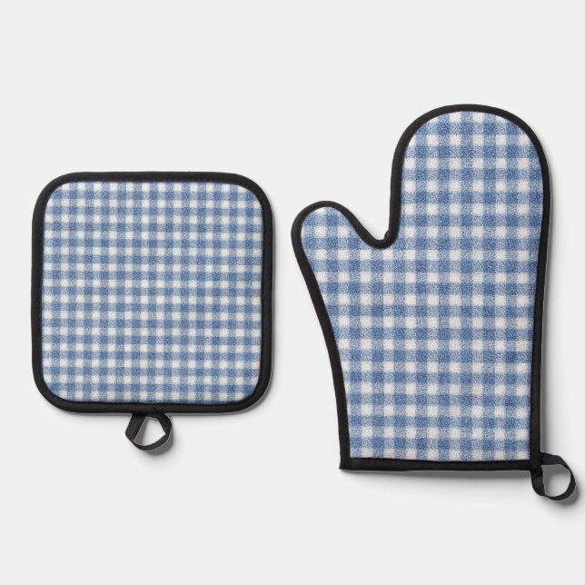 Set De Manoplas Clásico Cuadro Gingham Azul y Blanco (Anverso)