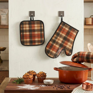 Set De Manoplas Clásico Cuadro Otoño Rustico Caída Crema Negra