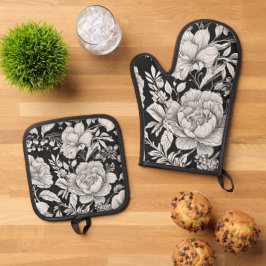 Set De Manoplas Clásico Floral Vintage Negro y Blanco